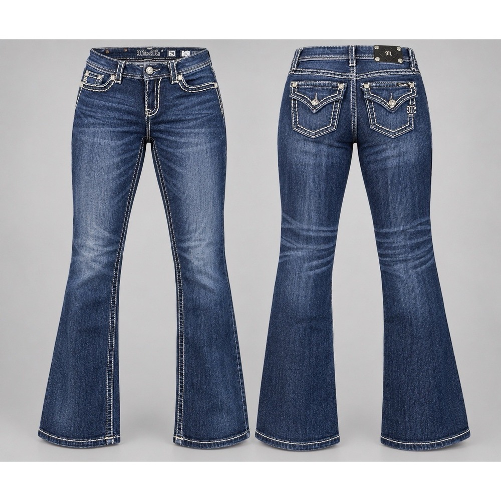 MISS ME sig boot Jean women 29x30 thick stitch whiskering embelished rhinestones